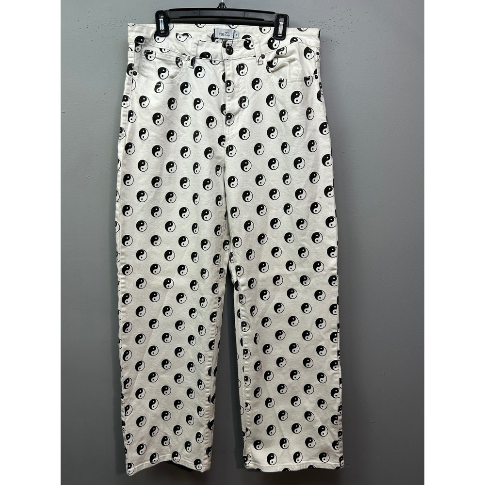 rue21 Jeans Womens 16 White Yin Yang Print High Rise Straight Leg Denim Pants
